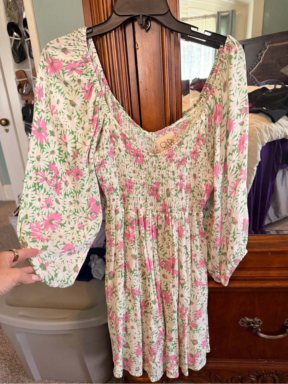 Chaser Floral Smocked Mini Dress in White, Pink & Green
